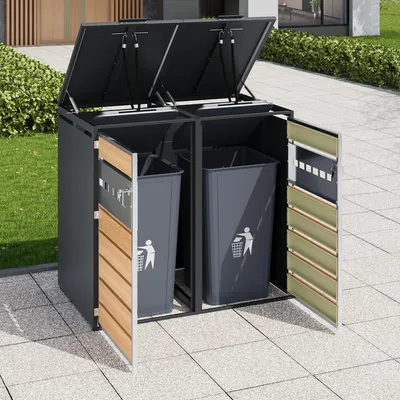 Produktbild von MODFU Mülltonnenbox mit perforiertes Belüftungsdesign Abschließbar Garten-Mülltonnenbox mit Klappdeckel Zwei Türen Grau