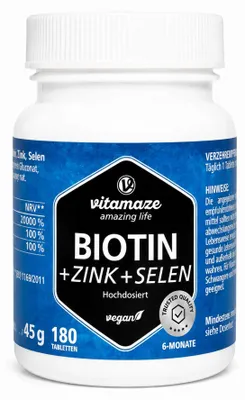 Zdjęcie produktu dla Tabletki z biotyną w wysokiej dawce (10 mg) + cynk + selen, 180 sztuk