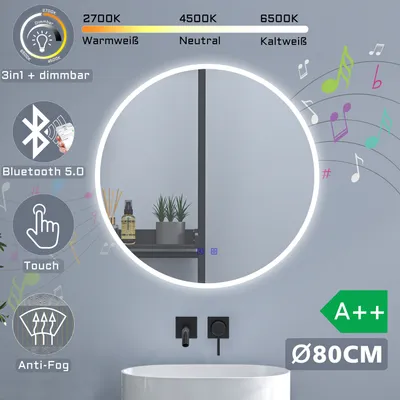 A round illuminated mirror with various feature icons and text overlays, set against a light gray wall above a sink.