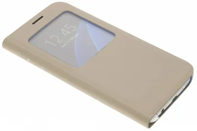 A gold flip case for a smartphone is shown from a diagonal angle against a white background.