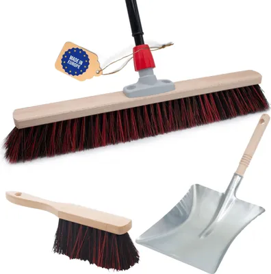 Produktbild von Novaliv Straßenbesen Set 60 cm I Besen und Kehrblech Handfeger Teleskopstiel I Arenga-Elaston schwarz-rot I  mit Stiel ausziehbar I Industriebesen Kehrbesen Gartenbesen Hofbesen