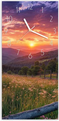 Produktbild von Wanduhr aus Glas mit Motiv Sonnenuntergang Wiese- 30 x 60 cm - inkl. Aufhängesystem