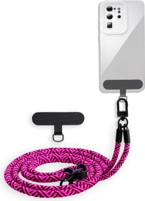 A phone case with a pink lanyard and a black attachment for a phone.