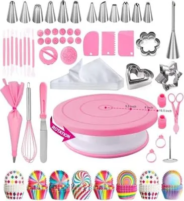 Produktbild von Torten Zubehör, Backzubehör,Torten Zubehör Set,Tortenplatte Drehbar,Tortenplatte,Backen Zubehör,Kuchen Zubehör für Anfänger und Profis - Cake Stand, Drehteller Torte & Kuchen Zubehör (Rosa)