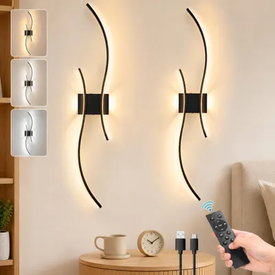 Image de Applique Murale Sans Fil 100cm Lot de 2 - Sur Batterie Rechargeable USB-C Variable 3000K-6000K avec Télécommande Noir Salon