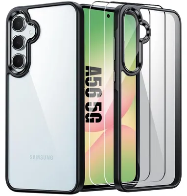 Image de Coque + 2 Verres Trempés pour Samsung Galaxy A56 5G, Protection Antichoc Dos Rigide Transparent + Bordure TPU Noir