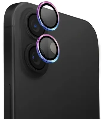 Imagen del producto de Protector de lente para cámara de aluminio Uniq Optix, compatible con iPhone 16 / iPhone 16 Plus, con aplicador, efecto iridiscente