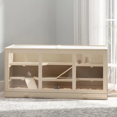 Produktbild von SUGIFT Hamsterkäfig Holz 3 Etagen, Nagerkäfig Tannenholz, Kleintierkäfig klappbares Dach, Naturholz | 115x57x55 cm | 15,8 kg | reinigbare Ablage