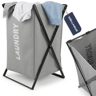 Image de Panier à linge pliable WELLHAUS, structure en forme de X, acier, gris, 59 cm