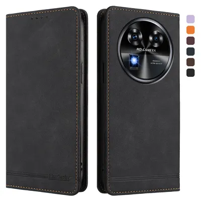 Image de Etui pour Oukitel C37, étui rétro en cuirPolyuréthaneavec support et fentes pour cartes de crédit Noir