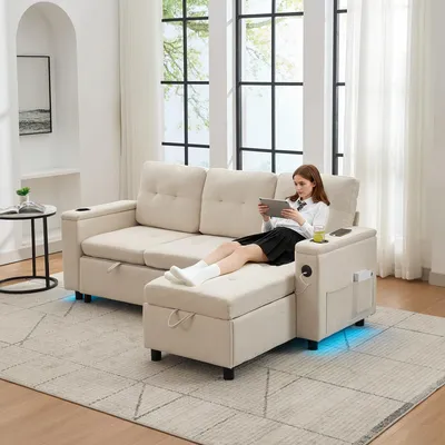 Produktbild von okwish Dreisitzer Loungesofa Chaiselongue mit Schlaffuktion,Multifunktionssofa  mit Getränkehalter und Aufbewahrungstaschen,Ambiente-Sofa mit LED,beige