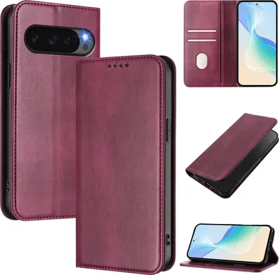 Produktbild von Handyhülle für Google Pixel 9 / Pixel 9 Pro, Vintage Leder RFID Schutz Kartenfach Standfunktion Magnetische Klapphülle Rot