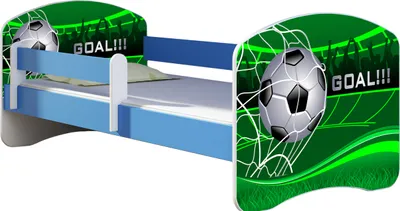 A children's bed with a soccer theme.