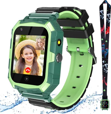 A green smartwatch with a colorful lanyard is displayed against a white background. The smartwatch screen shows a video call between two people. Water splashes are visible around the bottom of the watch.