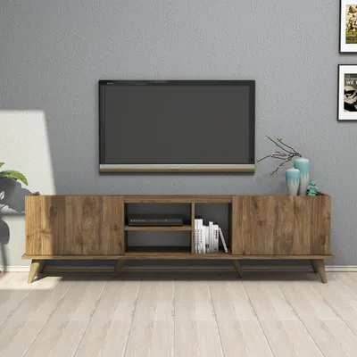 Produktbild von Skye Decor, Hochwertiger TV-Ständer, Walnuss, 180 x 52 x 34 cm | 100% melaminbeschichtete Spanplatte, 18 mm dick | Mit zahlreichen Regalen, Wandmontage möglich, skandinavisches Design.