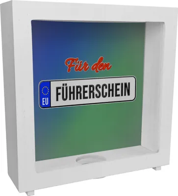 Produktbild von Rahmen Spardose aus Holz mit Spruch: Für den Führerschein mit Kennzeichenmotiv