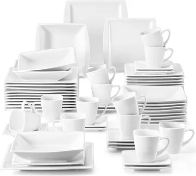 Produktbild von MALACASA, Serie Blance, 60 Tlg. Cremeweiß Porzellan Geschirrset Kombiservice Tafelservice mit je 12 Kaffeetassen, 12 Untertassen, 12 Dessertteller, 12 Suppenteller und 12 Flachteller