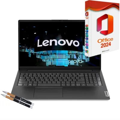 A Lenovo laptop is shown next to a box of Microsoft Office 2024 Pro and two pens.