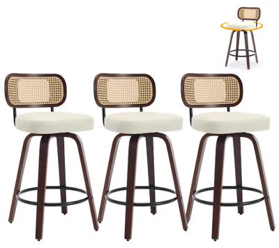 Imagen del producto de Juego de 3 taburetes giratorios para bar, con respaldo de ratán, asiento de cuero sintético y reposapiés, color beige