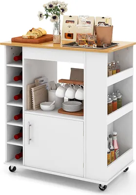A white kitchen cart with a wooden top, filled with various kitchen items and wine bottles.