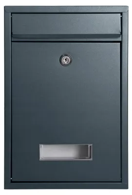 Produktbild von Anthrazitfarbener Briefkasten mit Namensschild und großem Briefschlitz, 32 x 21 x 8 cm, personalisierbarer Designer Wandbriefkasten, 2 Schlüssel, RAL7016