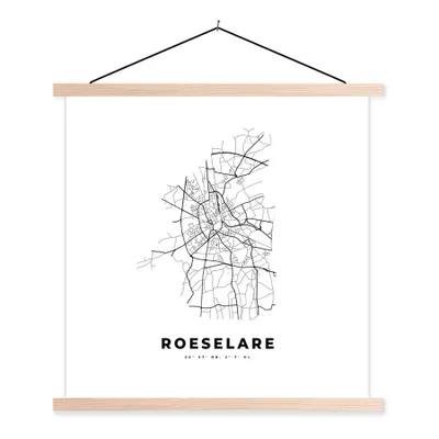 Produktbild von MuchoWow® Textilposter Karte - Stadtplan - Roeselare - Belgien - Schwarz und weiß 120x120 cm mit holzfarbenen Rahmen - Textil-Poster