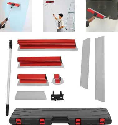 Image de Kit de spatules pour cloisons sèches - Kit de lames de raclage - Acier inoxydable - Lames de 35/60/80 cm - Épaisseur 0,4 mm - Manche télescopique 87–156 cm - Argent/Rouge