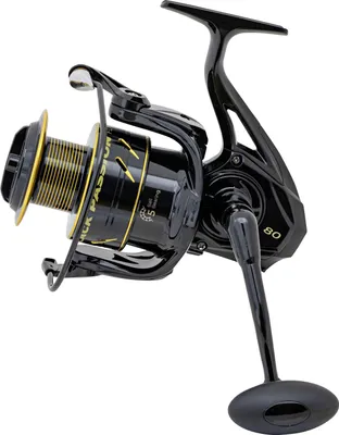 A black fishing reel with gold accents is shown against a white background.