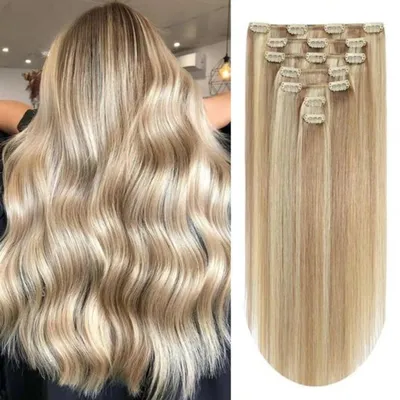Obrázek produktu pro Clip-in prodlužovací prameny vlasů – 100% přírodní lidské vlasy – Hnědé s blond melírem – 8 kusů