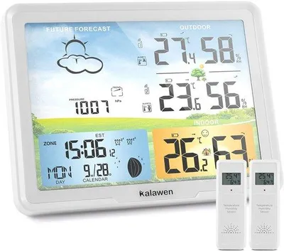 Zdjęcie produktu dla Bezprzewodowa stacja pogodowa z 2 czujnikami zewnętrznymi, cyfrowym kolorowym wyświetlaczem, radiem DCF, termometrem i higrometrem do użytku wewnątrz i na zewnątrz, prognoza pogody