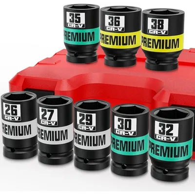Image de Jeu de douilles à chocs de 8 pièces, 3/4 de pouce, de 26 à 38 mm, en acier CR-V, à 6 pans