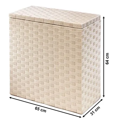 A beige woven laundry basket with dimensions indicated.
