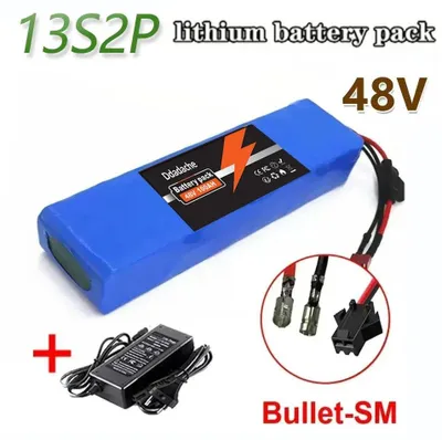 Immagine prodotto di Batteria per e-bike - Li-Ion 13S2P - 48 V 100 Ah - Connettori Bullet+SM - Caricabatterie da 54,6 V incluso - BMS 250–1000 W - 238×48×68 mm