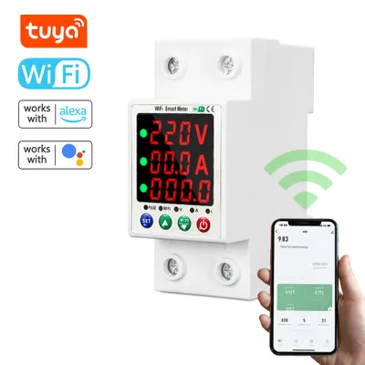 Zdjęcie produktu dla Tuya WiFi automatyczne zabezpieczenie przed ponownym załączeniem, inteligentny przełącznik pomiarowy, wyświetlacz cyfrowy, przełącznik ponownego załączenia, przeciążenie, przepięcie, podnapięcie, ograniczenie prądu, ochrona, wyłącznik automatyczny, sterowanie za pomocą aplikacji na telefon komórkowy, kompatybilny z Alexa i Google Assistant do sterowania głosowego