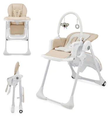 Image de Kinderkraft TUMMIE chaise haute 2 en 1, chaise haute pour enfant, chaise pour bébé, chaise haute combinée, dès les premiers mois, repose-pieds, position semi-couchée, housse en PU, avec jouets, beige