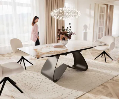 Produktbild von DELIFE Esstisch Edge 180-220x100 Keramik Minas Melange Weiß-Beige W-Gestell Effektfinish Titan Ausziehbar