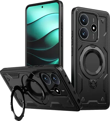 Produktbild von Dual Layer Hülle für Xiaomi Redmi Note 14 4G Metall Ring Ständer Magnetisch Stoßfest Militär Handyhülle Schwarz