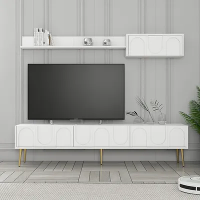 Produktbild von Skye Decor, Lyon 2 - White, Gold, TV-Einheit, Weiß, 100 % MELAMINBESCHICHTETE SPANPLATTEN, 180 x 35 x 43 cm