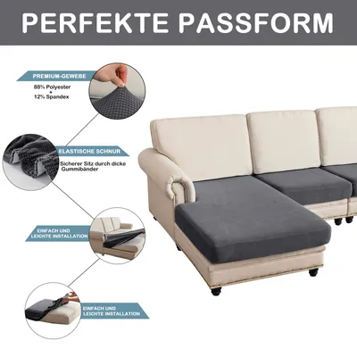 Produktbild von Sofa Überzug Jacquard Kariert L-förmig Sofa mit 3 Einzelsitz und 1 Chaiselongue, Sofa Bezug Gummiband rutschfest,Sitzkissen Bezug Elastisch Dunkelgrau
