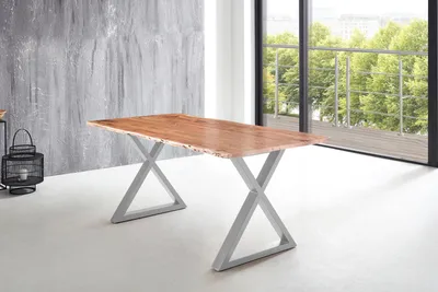 Produktbild von Esstisch Baumkante massiv Akazie natur 200 x 100 X-Gestell silber LUBIN