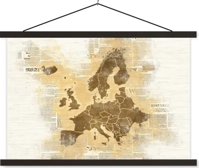 Produktbild von MuchoWow® Textilposter Karte von Europa - Braun - Zeitung 90x60 cm mit schwarzem Rahmen - Aufhängungssatz