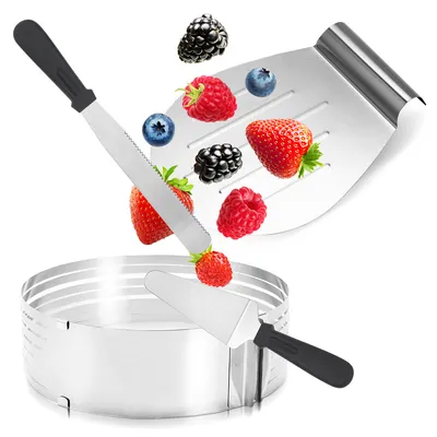 Produktbild von SWANEW Torten Set 4tlg. aus Edelstahl Tortenheber Tortenschneider Schneidhilfe für Tortenboden Kuchen Boden Heber Messer Tortenring 23-30cm