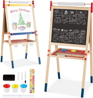 Zdjęcie produktu dla Sztaluga dla dzieci COSTWAY 3 w 1, tablica dla dzieci, tablica do pisania kredą i papier do rysowania, tablica stojąca, tablica do zabawy, tablica drewniana, regulowana wysokość, z akcesoriami