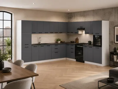 Produktbild von ULWEHOME | Eckküche 580 cm Anthrazit, Küchenmöbel-Set L-Küche Grafit mit Vorratsschrank, Backofen-Hochschrank & geteilten Arbeitsplatten 320 cm, KI-generiertes Bild