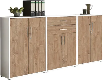 Produktbild von Aktenschrank TABOR 15 in weiß / Gold Harbor Oak, Schrankwand, Büroschrank, abschließbar, Metallgriffe