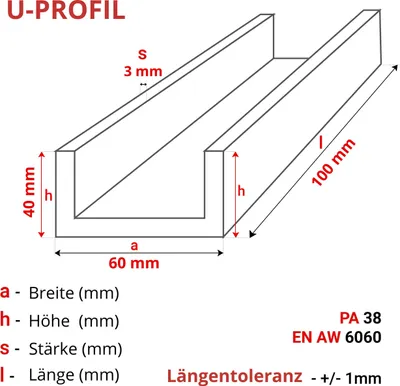 Produktbild von ALUMINIUM U-PROFIL 40x60x40x3 mm 10 cm ALUMINIUM PA38 + ZUSCHNITT NACH MASS