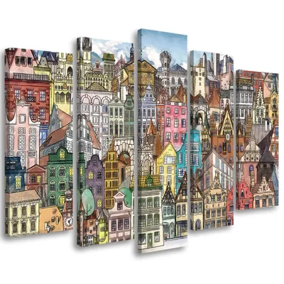Produktbild von 5-teiliges leinwandbild fröhliche stadt 100x70 cm Feeby farbe wandbild bereit zum aufhängen