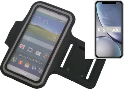 Produktbild von Kompatibel mit Apple iPhone XR Neopren Jogging Armband Sportarmband Oberarmband schwarz kompatibel mit Apple iPhone XR mit Reflektor Streifen. Fitness