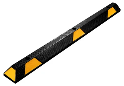Produktbild von Wiltec Radstopper 165 x 15 x 10 cm, Einparkhilfe aus Gummi, Parkplatzbegrenzung mit gelben Reflexionsstreifen & Schraubrillen, Parkplatzsperre für Garage