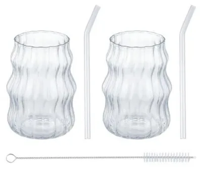 Immagine prodotto di Set di 2 tazze per cappuccino, capacità 500 ml, in vetro borosilicato scanalato, con cannucce e spazzola, lavabili in lavastoviglie